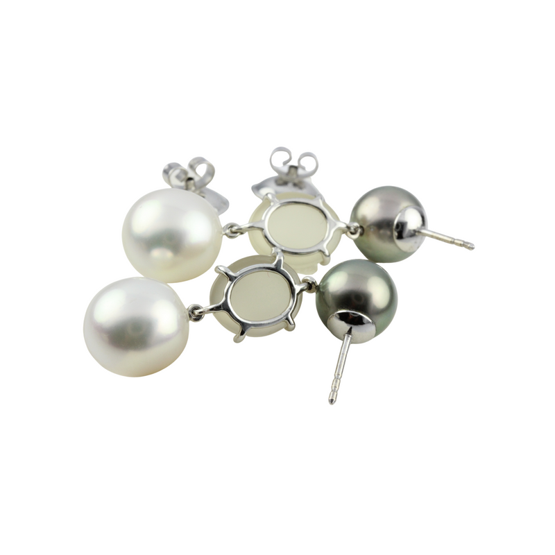 Steckohrhänger aus dem Haus GELLNER, 750er Weißgold mit Mondstein, Südseeperlen und Tahitiperlen