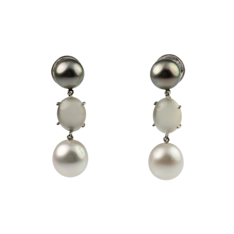 SteckohrhaengerausdemHausGellner_750erWeissgoldmitMondstein_SuedseeperlenundTahitiPerlen