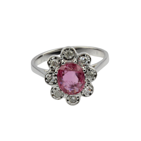 585er Weißgold Ring mit Rubin und Diamanten