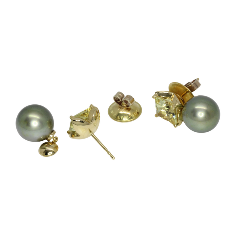 Princess Cut Lemon Citrinohrhänger mit Tahitiperle in 750er Gelbgold gefasst