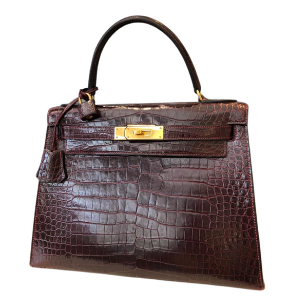 01_Artikel_089_ Hermès Kelly 28, Bag - Krokodilleder, Vintage Bordeaux mit roten Nähten