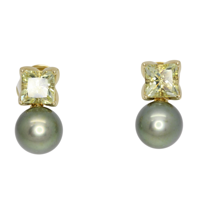 Princess Cut Lemon Citrinohrhänger mit Tahitiperle in 750er Gelbgold gefasst