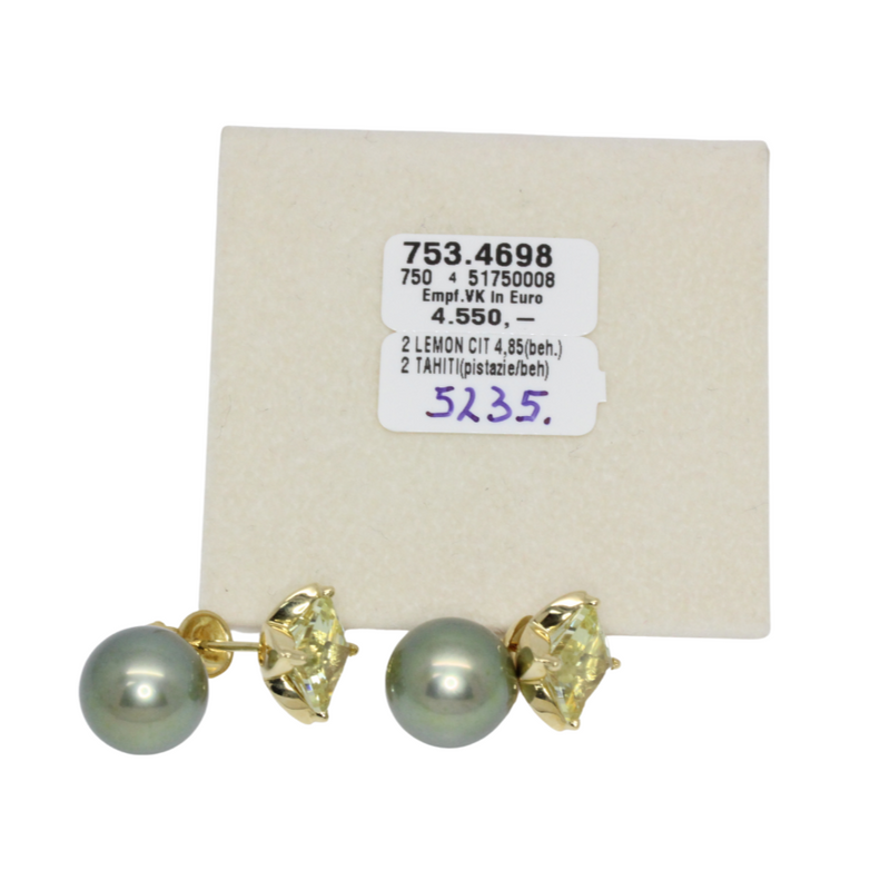 Princess Cut Lemon Citrinohrhänger mit Tahitiperle in 750er Gelbgold gefasst